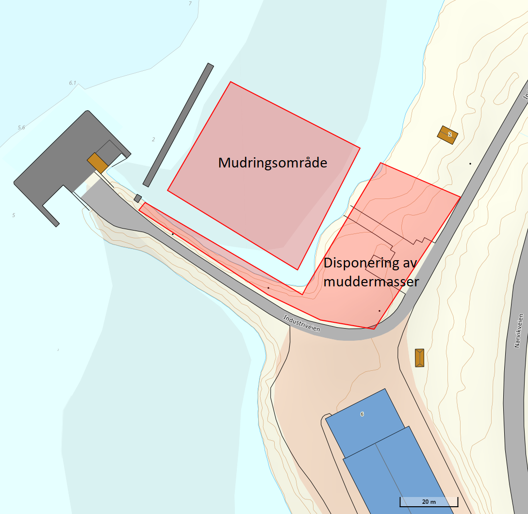 Kartutsnitt som viser omtrentlig tiltaksområde. Markerte områder viser mudringsområde og område hvor massene er planlagt disponert.