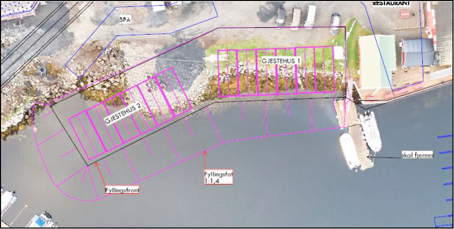 Detaljkart over planlagt utfyllingsområde ved Ringstad i Bø kommune.