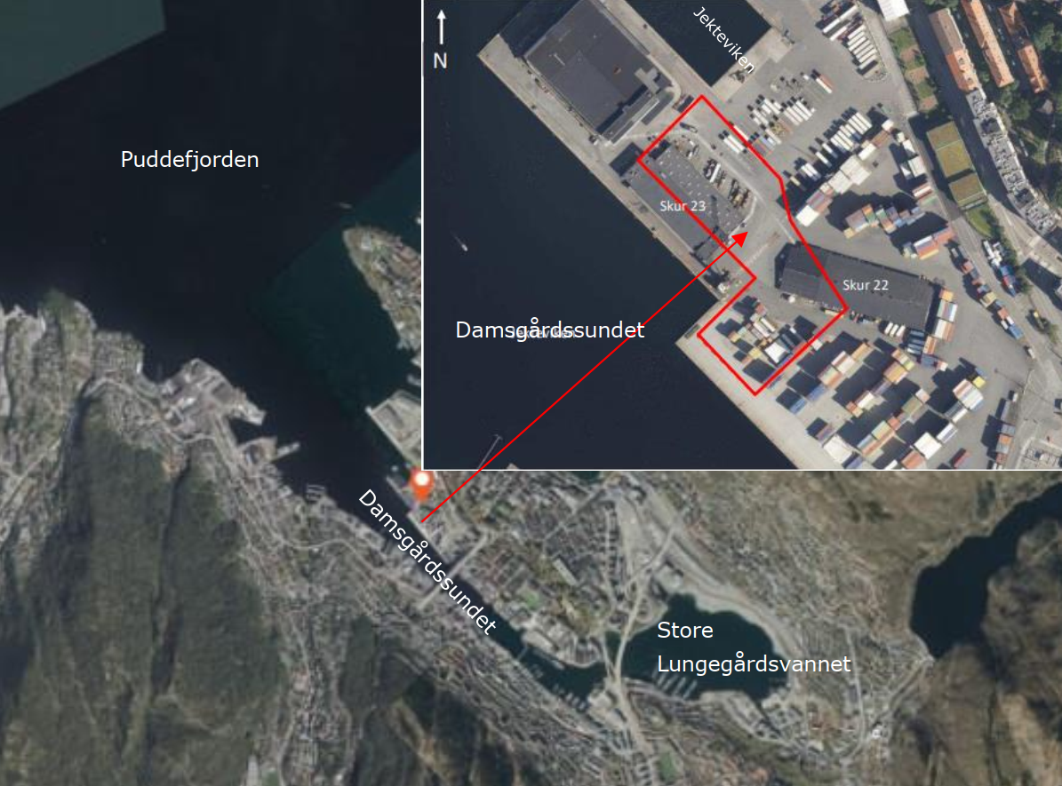 Utsnitt frå kart som viser plassering av tomtealternativ A2 for nybygg og samlokalisering av Havforskningsinstituttet og Fiskeridirektoratet. Utstrekning (cirka 12 000 m2) av tiltaksområdet (tomten) er markert med raud strek