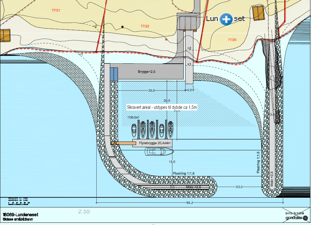 Plankart for mudring i småbåthavnen ved Lundneset i Hadsel. Kart hentet fra søknaden.