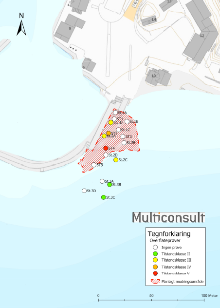 Kart over tiltaksområdet ved Ørnes fergekai. Illustrasjon er utarbeidet av Multiconsult AS