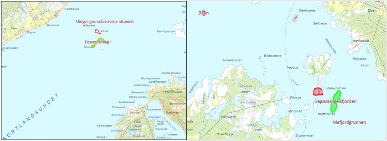 Utsnitt av kart som viser de planlagte utdypingsområdene (rød skravur) og dumpeområde (grønn skravur) i Sortlandssundet og Vitjet.