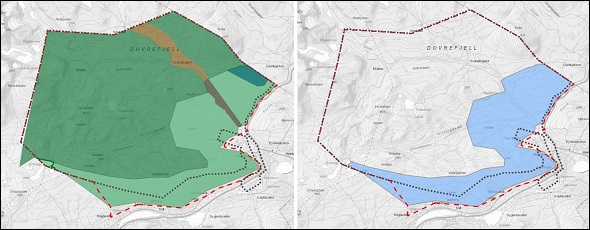 Vernealternativ 2: Kartet til venstre viser område i nasjonalparken (blågrønt) og i biotopvernområdet (brunt) som inngår i "bruksområdet" sammen med hele landskapsvernområdet (lysegrønt). Bruksområdet vises i kartet til høyre (lyseblått).