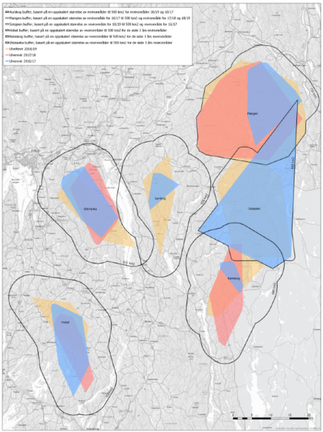 Kart over Østlandet med ulverevir og buffersoner