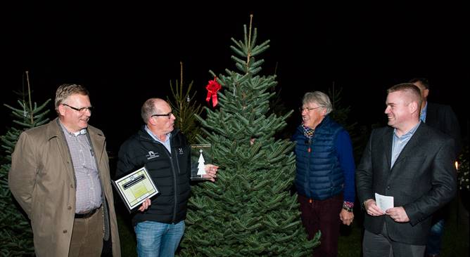 F.v. Tore Molteberg (Skogselskapet), Olav Ravnås (vinnar av «Noregs flottaste juletre 2015»), Finn Schjøll (juryleiar) og John Anders Strande (Norsk Juletre) rundt vinnartreet 