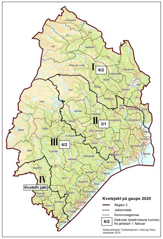 Kart over jaktområdene med kvoter. NB! I jaktområde III er kvoten nå på 5 dyr hvorav maksimalt 2 voksne hunner
